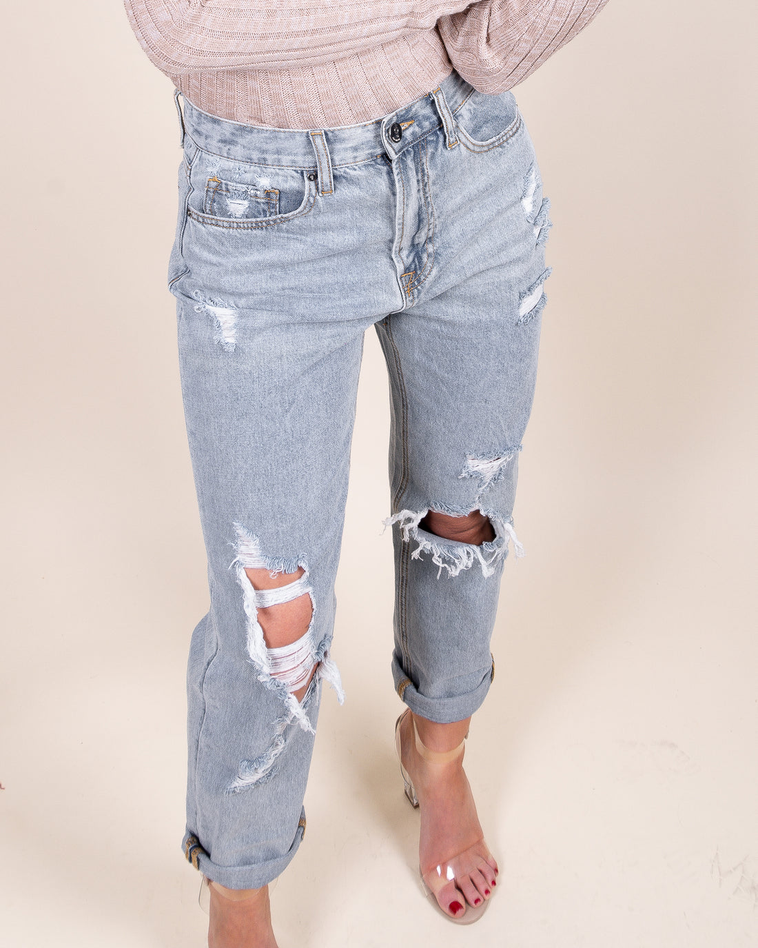 Daya High Rise Distressed Girlfriend Denim