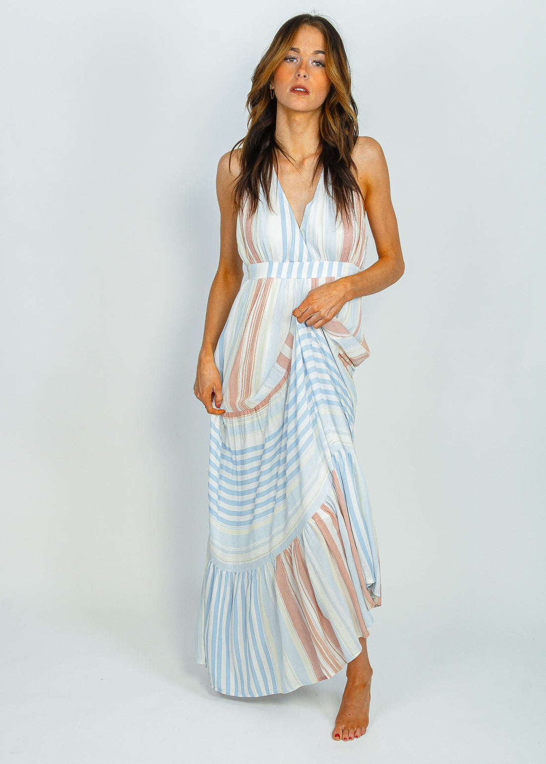 Devine Memory Tiered Halter Striped Maxi Dress