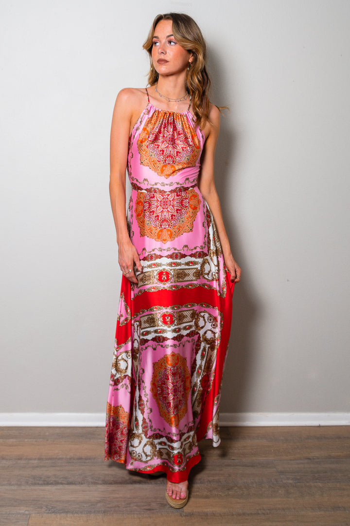 Santorini Nights Printed Satin Maxi Dress