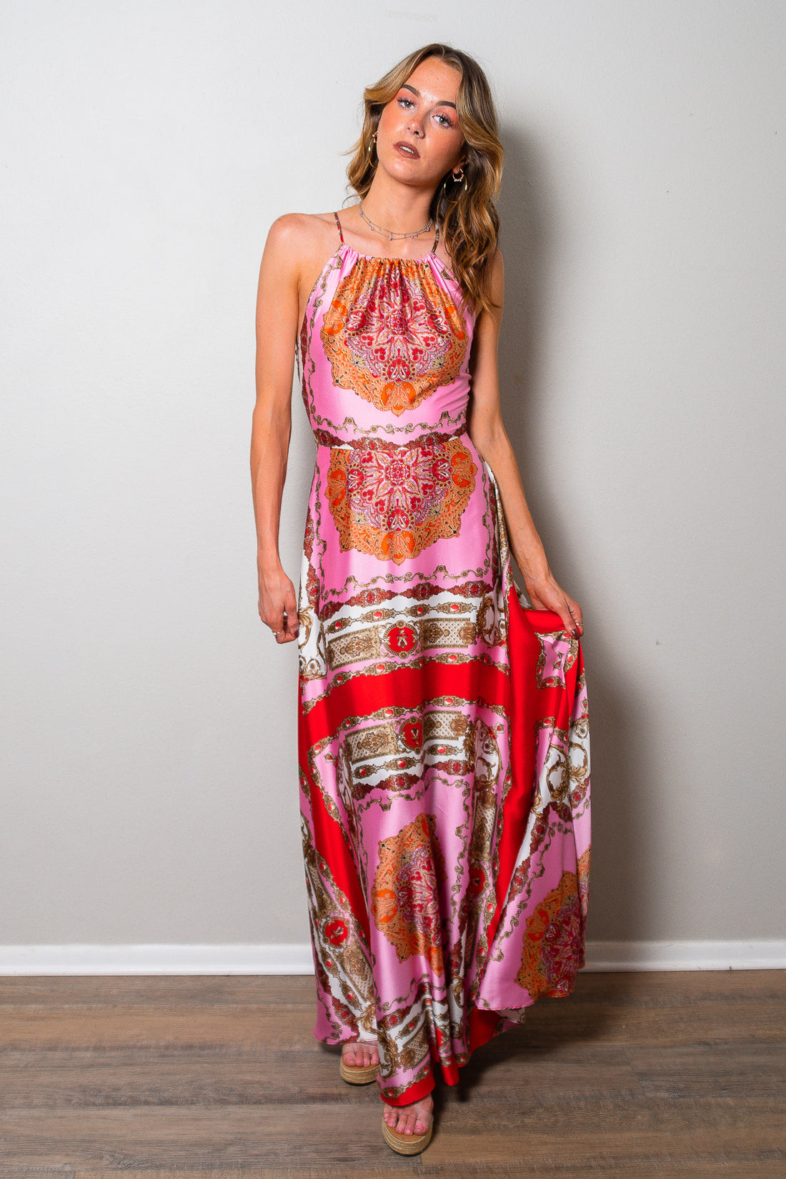 Santorini Nights Printed Satin Maxi Dress