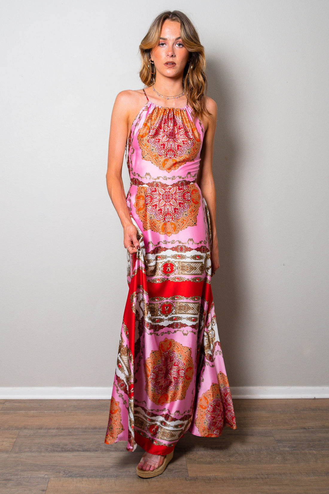 Santorini Nights Printed Satin Maxi Dress