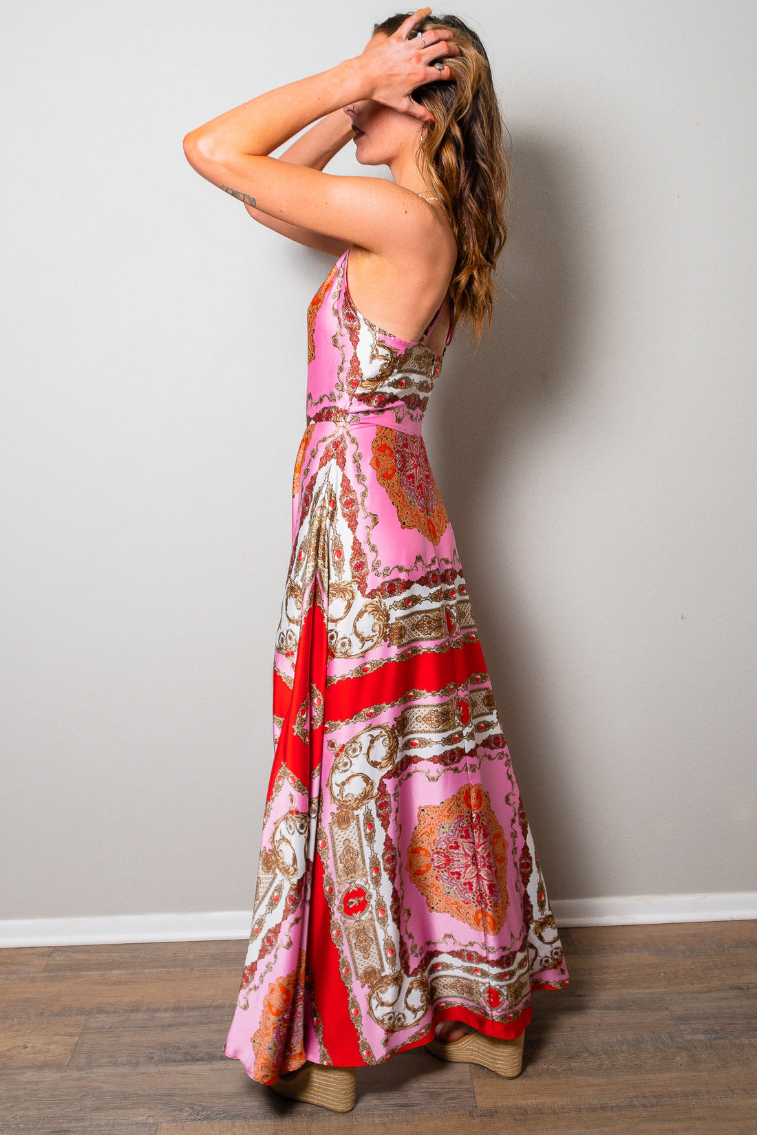 Santorini Nights Printed Satin Maxi Dress