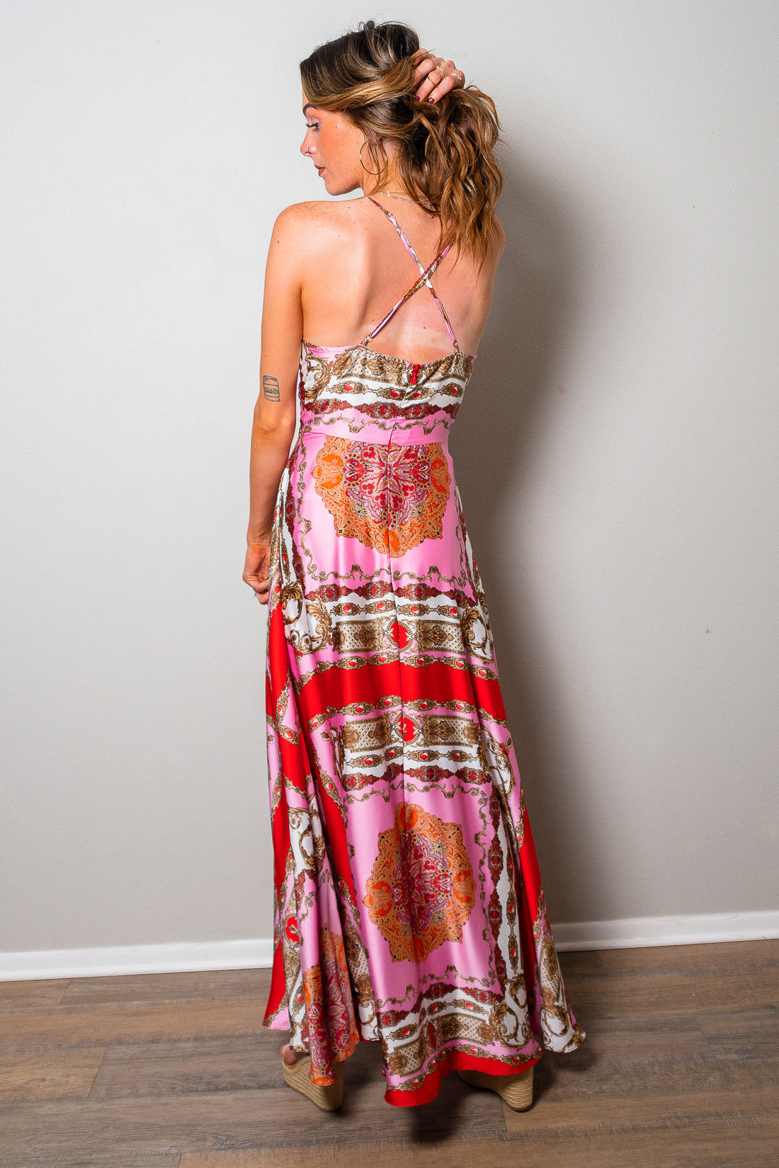 Santorini Nights Printed Satin Maxi Dress