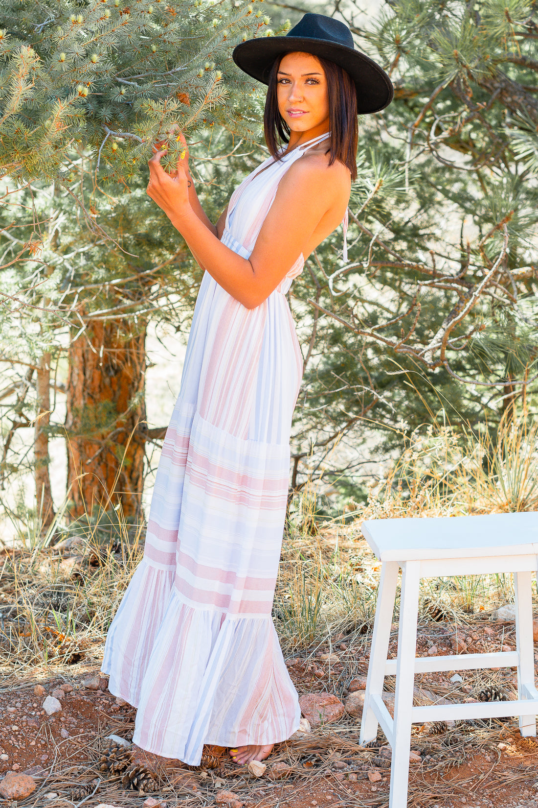 Devine Memory Tiered Halter Striped Maxi Dress