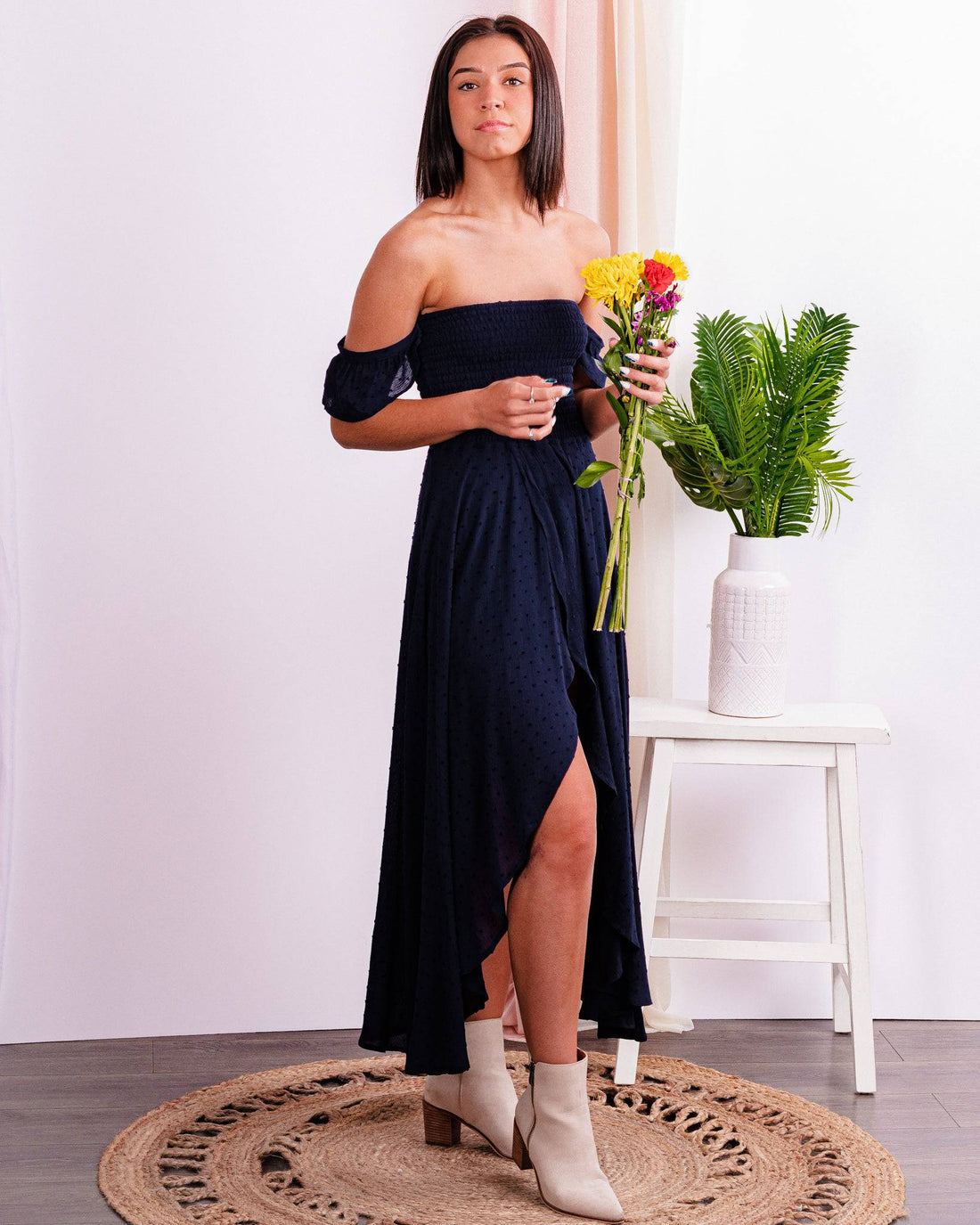 Change Of Plans Swiss Dot Off Shoulder Maxi Dress- Navy