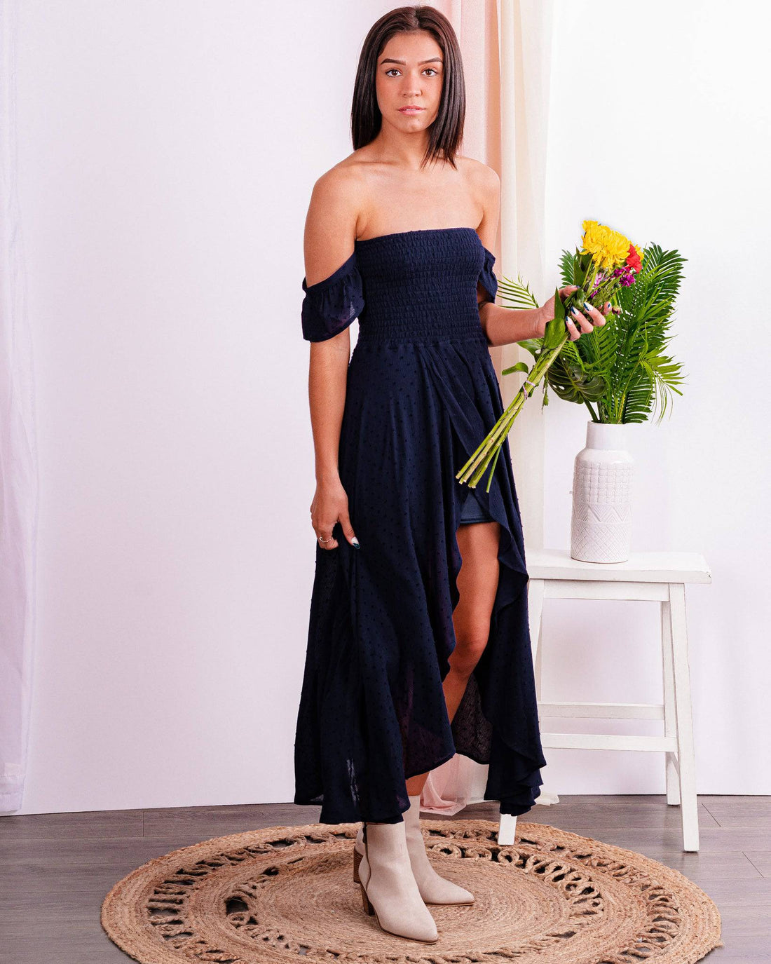 Change Of Plans Swiss Dot Off Shoulder Maxi Dress- Navy