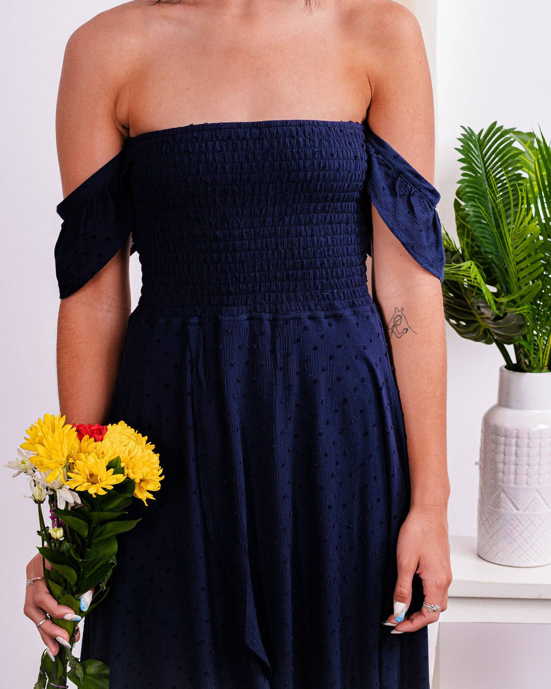 Change Of Plans Swiss Dot Off Shoulder Maxi Dress- Navy