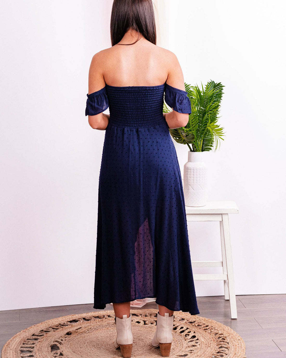 Change Of Plans Swiss Dot Off Shoulder Maxi Dress- Navy