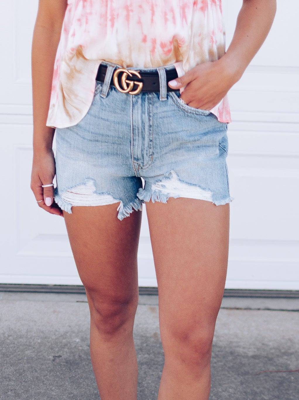 Say So High Rise Distressed Kancan Denim Shorts